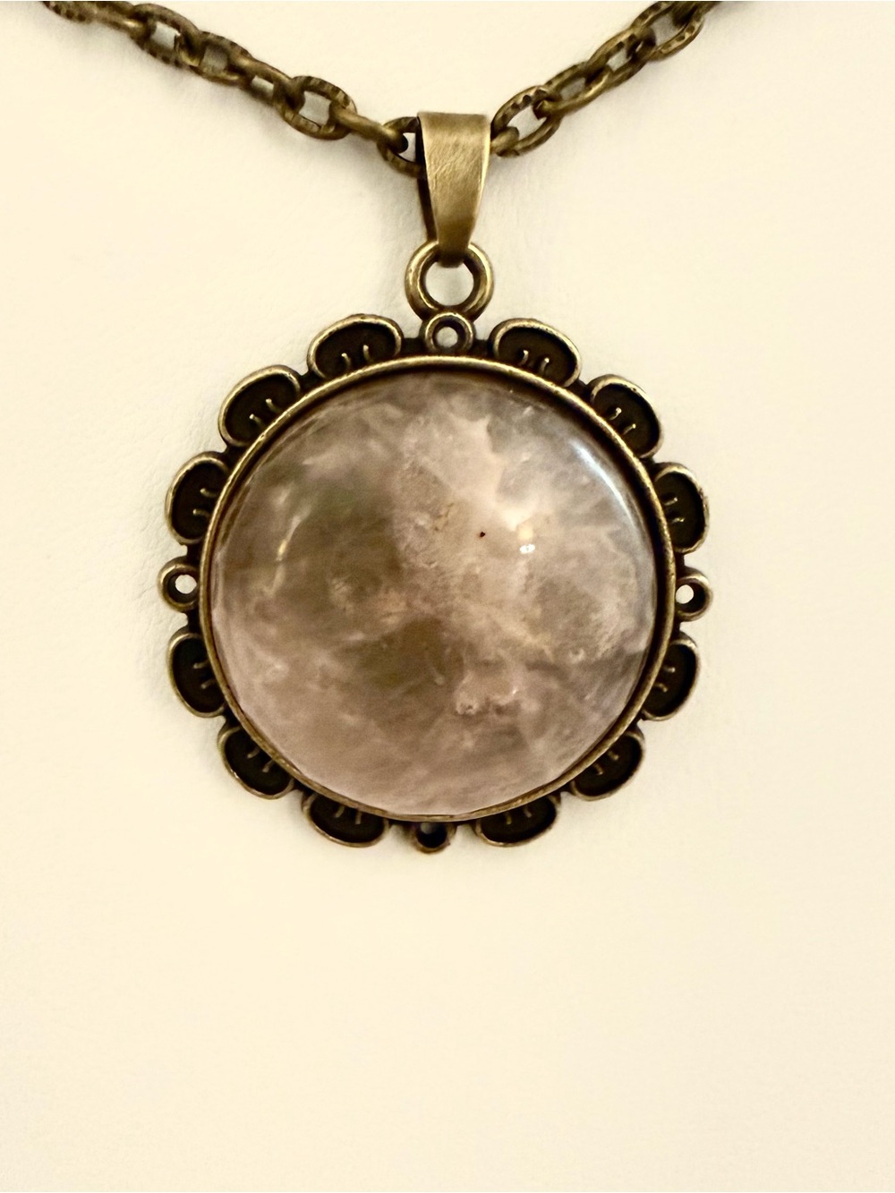 S925 Sterling Silver Rose Quartz Cabochon Pendant Necklace Antique Boho 18"